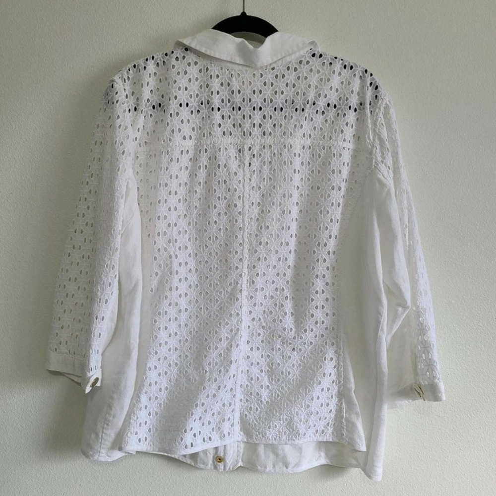 Chico's alabaster Linen Eyelet 3/4 Sleeve Jacket L - Picture 4 of 13